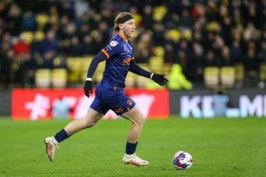 Josh Bowler #11 of Blackpool on the ball during the Sky Bet Championship match Watford vs Blackpool at Vicarage Road, Watford, United Kingdom, 14th January 202