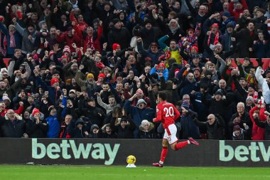 Brennan Johnson #20 of Nottingham Forest celebrates his goal to make it 1-0 during the Premier League match Nottingham Forest vs Leicester City at City Ground, Nottingham, United Kingdom, 14th January 202