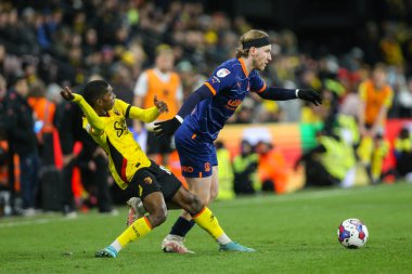 Josh Bowler #11 of Blackpool runs with the ball during the Sky Bet Championship match Watford vs Blackpool at Vicarage Road, Watford, United Kingdom, 14th January 202