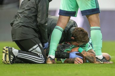 Layvin Kurzawa #3 of Fulham receives medical treatment during the Premier League match Newcastle United vs Fulham at St. James's Park, Newcastle, United Kingdom, 15th January 202