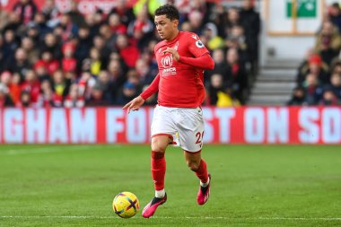 Brennan Johnson #20 of Nottingham Forest makes a break with the ball during the Premier League match Nottingham Forest vs Leicester City at City Ground, Nottingham, United Kingdom, 14th January 202