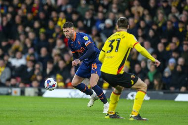 Gary Madine #14 of Blackpool on the ball during the Sky Bet Championship match Watford vs Blackpool at Vicarage Road, Watford, United Kingdom, 14th January 202