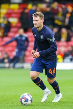 Tom Trybull #46 of Blackpool warms up during the Sky Bet Championship match Watford vs Blackpool at Vicarage Road, Watford, United Kingdom, 14th January 202