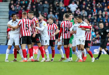 An altercation erupts on the pitch during the Sky Bet Championship match Sunderland vs Swansea City at Stadium Of Light, Sunderland, United Kingdom, 14th January 202