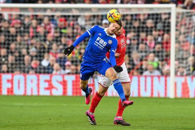 Jamie Vardy #9 of Leicester City wins the header during the Premier League match Nottingham Forest vs Leicester City at City Ground, Nottingham, United Kingdom, 14th January 202