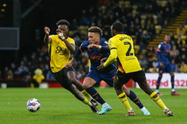 Morgan Rogers #25 of Blackpool runs at the Watford defence during the Sky Bet Championship match Watford vs Blackpool at Vicarage Road, Watford, United Kingdom, 14th January 202