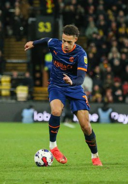 Rhys Williams #15 of Blackpool on the ball during the Sky Bet Championship match Watford vs Blackpool at Vicarage Road, Watford, United Kingdom, 14th January 202