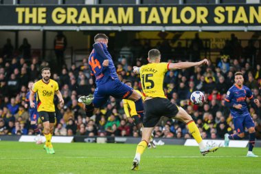 Gary Madine #14 of Blackpool attacks a cross during the Sky Bet Championship match Watford vs Blackpool at Vicarage Road, Watford, United Kingdom, 14th January 202
