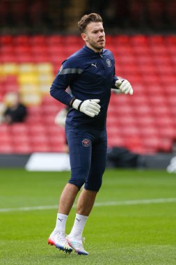 Chris Maxwell #1 of Blackpool warms up during the Sky Bet Championship match Watford vs Blackpool at Vicarage Road, Watford, United Kingdom, 14th January 202