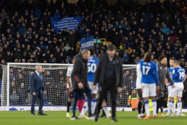Everton fans protest while players are on the pitch after the Premier League match Everton vs Southampton at Goodison Park, Liverpool, United Kingdom, 14th January 2023