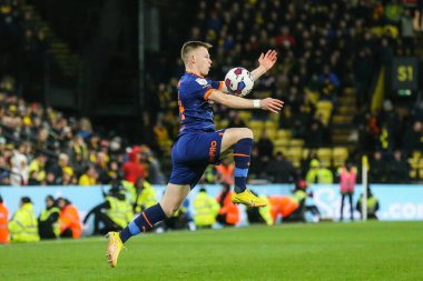 Andy Lyons #24 of Blackpool controls the ball during the Sky Bet Championship match Watford vs Blackpool at Vicarage Road, Watford, United Kingdom, 14th January 202