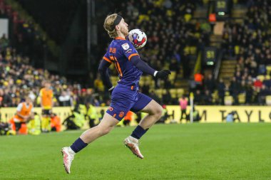 Josh Bowler #11 of Blackpool controls the ball during the Sky Bet Championship match Watford vs Blackpool at Vicarage Road, Watford, United Kingdom, 14th January 202