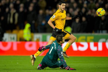 Raul Jimenez #9 of Wolverhampton Wanderers lifts the ball over Lukasz Fabianski #1 of West Ham United during the Premier League match Wolverhampton Wanderers vs West Ham United at Molineux, Wolverhampton, United Kingdom, 14th January 202