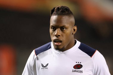 Maro Itoje of Saracens during the pre-match warm-up ahead of the European Champions Cup match Saracens vs Lyon at StoneX Stadium, London, United Kingdom, 14th January 202