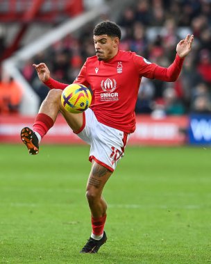 Morgan Gibbs-White #10 of Nottingham Forest controls the ball during the Premier League match Nottingham Forest vs Leicester City at City Ground, Nottingham, United Kingdom, 14th January 202