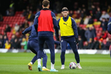 Blackpool players warm up during the Sky Bet Championship match Watford vs Blackpool at Vicarage Road, Watford, United Kingdom, 14th January 202