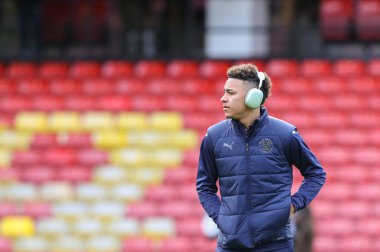 Morgan Rogers #25 of Blackpool on arrival during the Sky Bet Championship match Watford vs Blackpool at Vicarage Road, Watford, United Kingdom, 14th January 202
