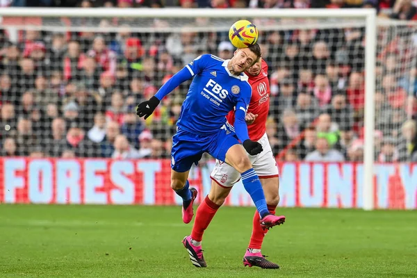 Jamie Vardy #9 of Leicester City wins the header during the Premier League match Nottingham Forest vs Leicester City at City Ground, Nottingham, United Kingdom, 14th January 202