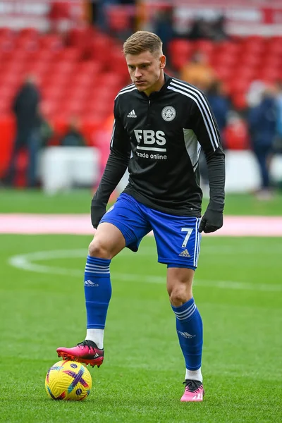 Harvey Barnes #7 of Leicester City during the pre-game warmup ahead of the Premier League match Nottingham Forest vs Leicester City at City Ground, Nottingham, United Kingdom, 14th January 202