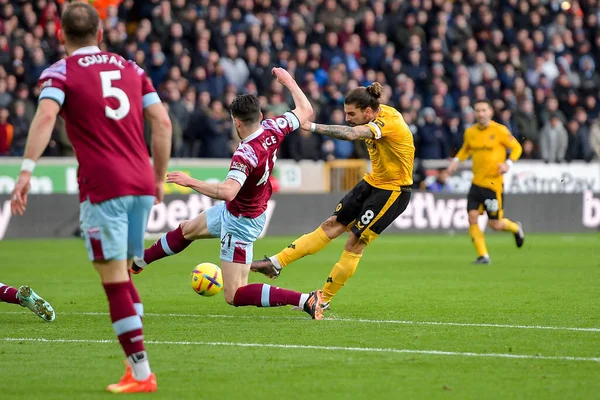 Declan Rice #41 of West Ham United blocks a shot from Ruben Neves #8 of Wolverhampton Wanderers during the Premier League match Wolverhampton Wanderers vs West Ham United at Molineux, Wolverhampton, United Kingdom, 14th January 202