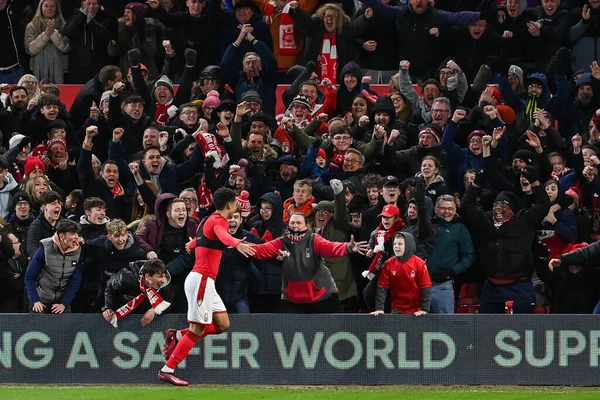 Brennan Johnson #20 of Nottingham Forest celebrates his goal to make it 2-0 during the Premier League match Nottingham Forest vs Leicester City at City Ground, Nottingham, United Kingdom, 14th January 202