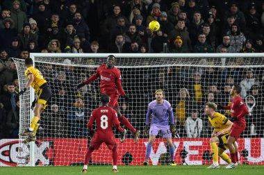 Ibrahima Konat #5 of Liverpool heads clear from under the bar during the Emirates FA Cup Third Round Replay match Wolverhampton Wanderers vs Liverpool at Molineux, Wolverhampton, United Kingdom, 17th January 2023