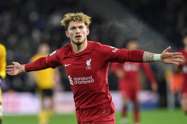 Harvey Elliott #19 of Liverpool celebrates his goal to make it 0-1 during the Emirates FA Cup Third Round Replay match Wolverhampton Wanderers vs Liverpool at Molineux, Wolverhampton, United Kingdom, 17th January 202