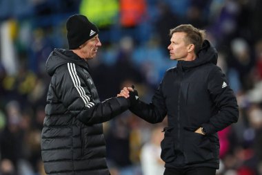 Jesse Marsch manager of Leeds United speaks to one of his back room staff after the final whistle during the Emirates FA Cup Third Round replay Leeds United vs Cardiff City at Elland Road, Leeds, United Kingdom, 18th January 202