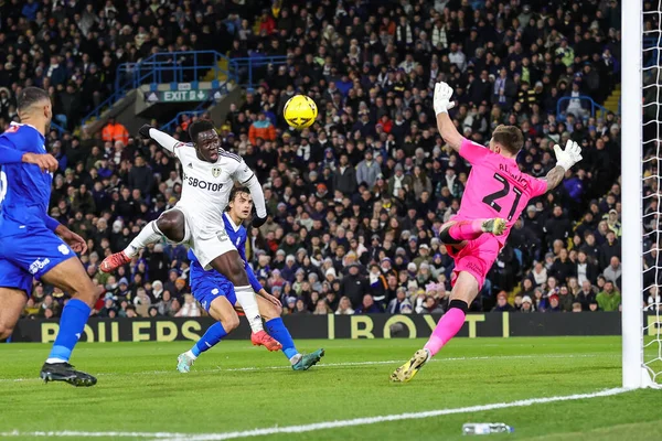 Wilfried Gnonto #29 of Leeds United shoots on goal but its over the bar during the Emirates FA Cup Third Round replay Leeds United vs Cardiff City at Elland Road, Leeds, United Kingdom, 18th January 202