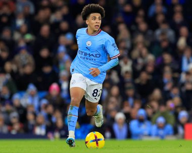 Rico Lewis #82 of Manchester City in action during the Premier League match Manchester City vs Tottenham Hotspur at Etihad Stadium, Manchester, United Kingdom, 19th January 202