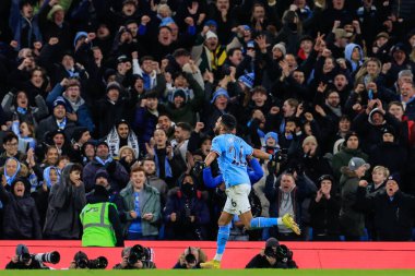 Riyad Mahrez #26 of Manchester City celebrates his goal to make it 4-2 during the Premier League match Manchester City vs Tottenham Hotspur at Etihad Stadium, Manchester, United Kingdom, 19th January 202