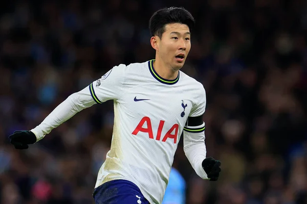 Son Heung-Min #7 of Tottenham Hotspur in action during the Premier League match Manchester City vs Tottenham Hotspur at Etihad Stadium, Manchester, United Kingdom, 19th January 202