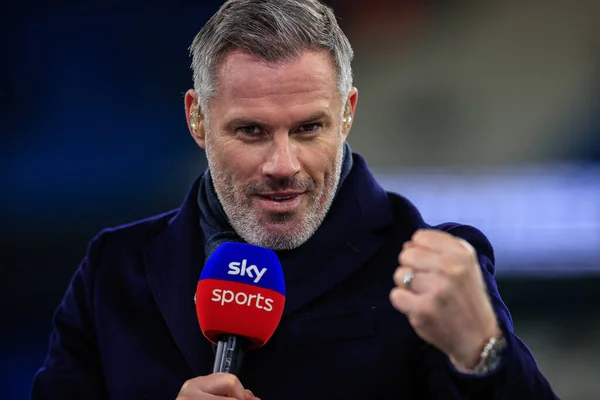 Pundit Jamie Carragher working for Sky Sports during the Premier League match Manchester City vs Tottenham Hotspur at Etihad Stadium, Manchester, United Kingdom, 19th January 202