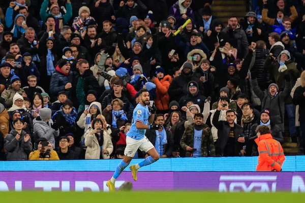 Riyad Mahrez Manchester City Celebrates His Goal Make Premier League — Stockfoto