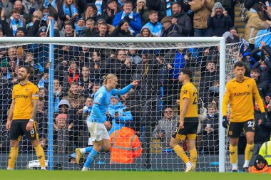 Erling Hland #9 of Manchester City celebrates his goal to make it 3-0 during the Premier League match Manchester City vs Wolverhampton Wanderers at Etihad Stadium, Manchester, United Kingdom, 22nd January 2023