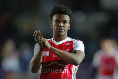Darnell Byas-Tash of Hull KR claps his hands and applauds the supporters at full-time after the Rugby League Pre Season match Featherstone Rovers vs Hull KR at The Milennium Stadium, Featherstone, United Kingdom, 20th January 202