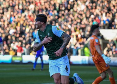 GOAL Plymouth Argyle defender Dan Scarr  (6) celebrates a goal to make it 1-0  during the Sky Bet League 1 match Plymouth Argyle vs Cheltenham Town at Home Park, Plymouth, United Kingdom, 21st January 202