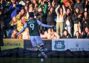 GOAL Plymouth Argyle forward Ryan Hardie  (9) celebrates a goal to make it 2-0    during the Sky Bet League 1 match Plymouth Argyle vs Cheltenham Town at Home Park, Plymouth, United Kingdom, 21st January 202