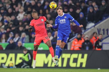 Marc Albrighton #11 of Leicester City and Pervis Estupin #30 of Brighton & Hove Albion battle for the ball during the Premier League match Leicester City vs Brighton and Hove Albion at King Power Stadium, Leicester, United Kingdom, 21st January 2023