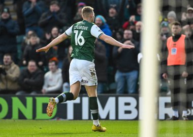GOAL Plymouth Argyle midfielder Sam Cosgrove (16) celebrates a goal to make it 4-2  during the Sky Bet League 1 match Plymouth Argyle vs Cheltenham Town at Home Park, Plymouth, United Kingdom, 21st January 202