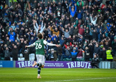 GOAL Plymouth Argyle midfielder Callum Wright (26)  celebrates a goal to make it 3-1  during the Sky Bet League 1 match Plymouth Argyle vs Cheltenham Town at Home Park, Plymouth, United Kingdom, 21st January 202