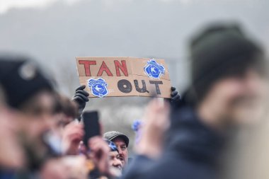 Cardiff City supporters protest outside the Cardiff City Stadium pre match during the Sky Bet Championship match Cardiff City vs Millwall at Cardiff City Stadium, Cardiff, United Kingdom, 21st January 202