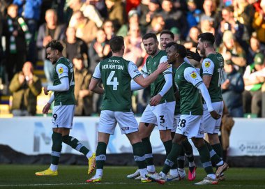 GOAL Plymouth Argyle forward Ryan Hardie  (9) celebrates a goal with team mates  during the Sky Bet League 1 match Plymouth Argyle vs Cheltenham Town at Home Park, Plymouth, United Kingdom, 21st January 202