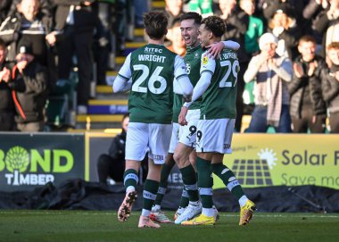 GOAL Plymouth Argyle forward Ryan Hardie  (9) celebrates a goal with Plymouth Argyle midfielder Callum Wright (26)  and Plymouth Argyle midfielder Tyreik Wright (29)  during the Sky Bet League 1 match Plymouth Argyle vs Cheltenham Town at Home Park, 