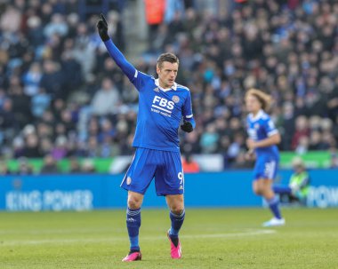 Jamie Vardy #9 of Leicester City gives his team instructions during the Premier League match Leicester City vs Brighton and Hove Albion at King Power Stadium, Leicester, United Kingdom, 21st January 202