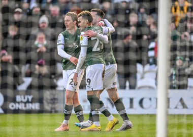 GOAL Plymouth Argyle midfielder Callum Wright (26)  celebrates a goal with Plymouth Argyle forward Ryan Hardie  (9) to make it 3-1  during the Sky Bet League 1 match Plymouth Argyle vs Cheltenham Town at Home Park, Plymouth, United Kingdom, 21st Janu