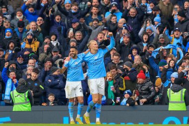 Erling Hland #9 of Manchester City celebrates his goal to make it 3-0 during the Premier League match Manchester City vs Wolverhampton Wanderers at Etihad Stadium, Manchester, United Kingdom, 22nd January 2023
