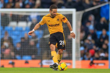 Joo Moutinho #28 of Wolverhampton Wanderers passes the ball during the Premier League match Manchester City vs Wolverhampton Wanderers at Etihad Stadium, Manchester, United Kingdom, 22nd January 2023