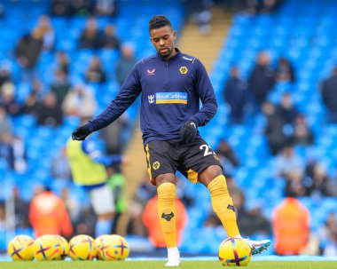 Nlson Semedo #22 of Wolverhampton Wanderers during the pre-game warm up ahead of the Premier League match Manchester City vs Wolverhampton Wanderers at Etihad Stadium, Manchester, United Kingdom, 22nd January 2023