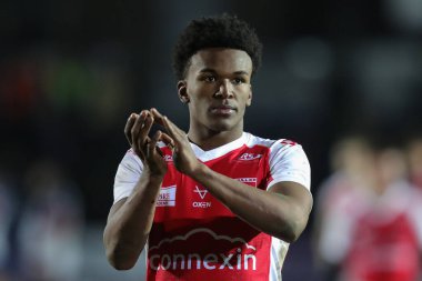 Darnell Byas-Tash of Hull KR claps his hands and applauds the supporters at full-time after the Rugby League Pre Season match Featherstone Rovers vs Hull KR at The Milennium Stadium, Featherstone, United Kingdom, 20th January 202